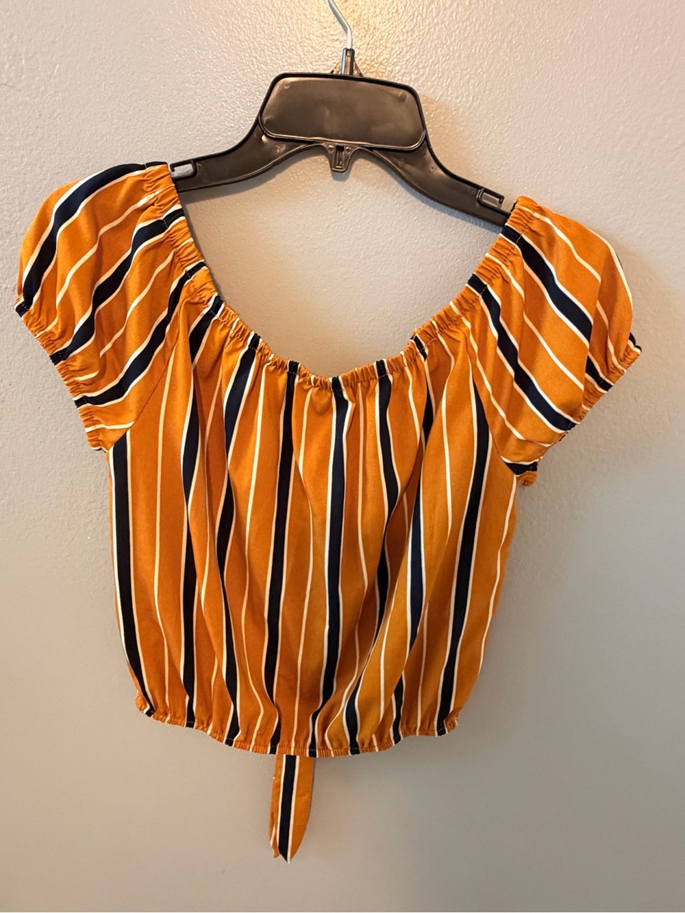 Striped Mustard Off-Shoulder Tie-Front Crop Top